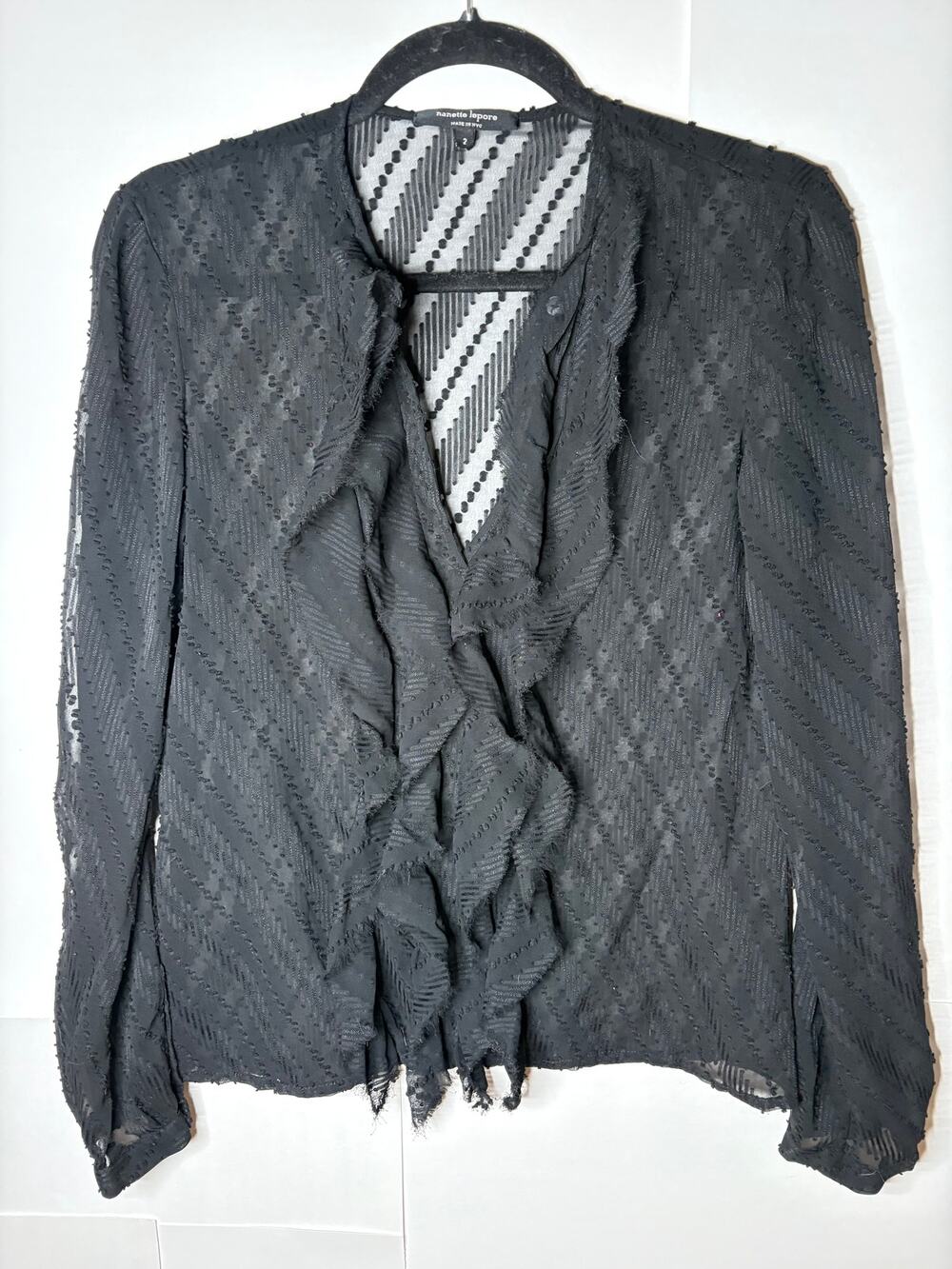 Nanette Lepore Size 2 Black Sheer Ruffle Blouse Made NYC